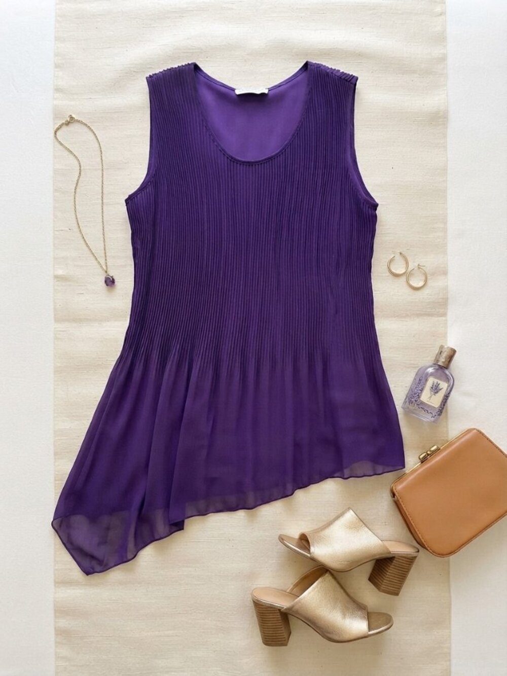 Cleo Sleeveless Purple Pleated Asymmetrical Tunic Top Large